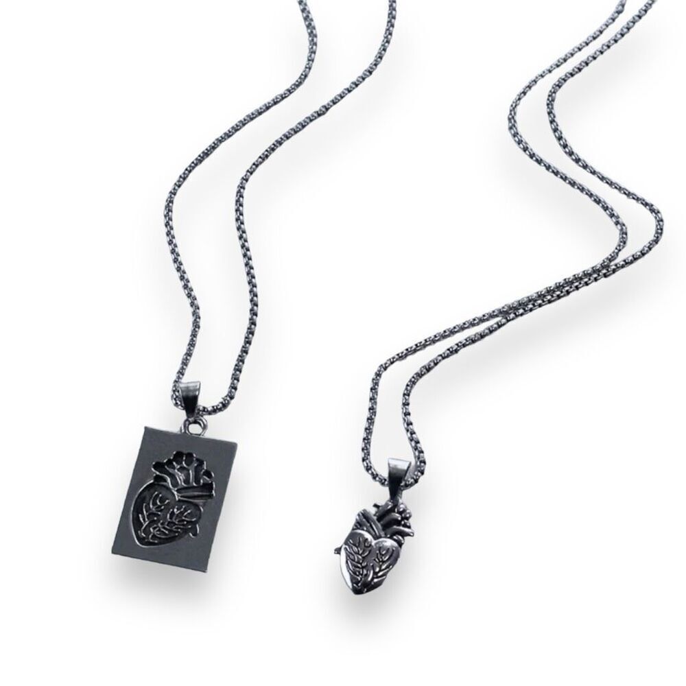 New Silver Metal Anatomical Heart Couple Friendship Necklace 2 Piece Chain